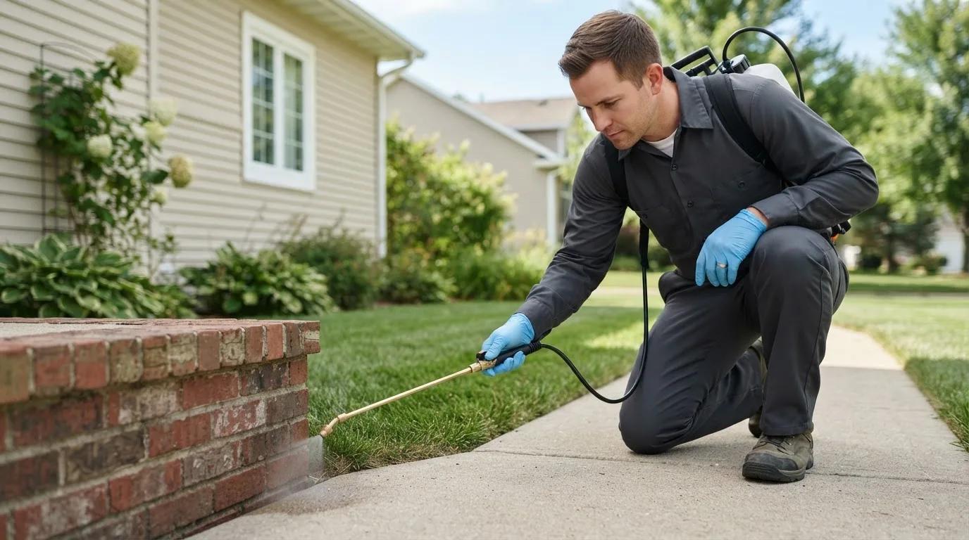 Pest control technician treating a home near Spanishburg, WV