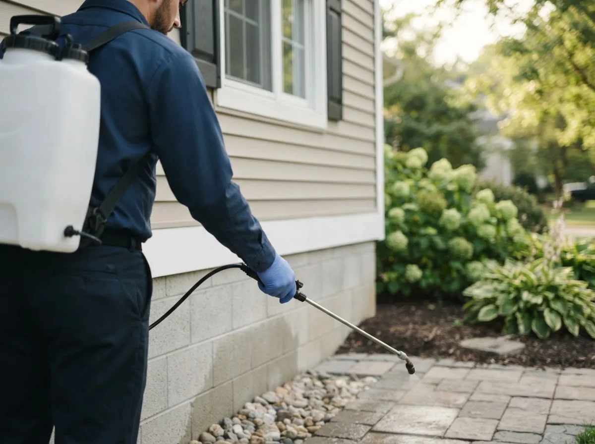 Pest control technician inspecting a home in Spanishburg, WV